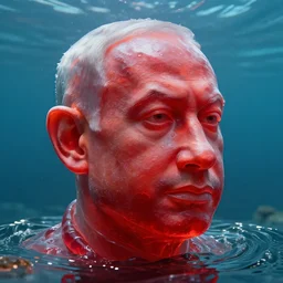 a sculpture made out of juicy and transparent red jelly in the sea of a giant benjamin netanyahu head, long shot, hyper detailed, hyper realistic, ray tracing, 8 k resolution, sharp focus, realistic water, award winning