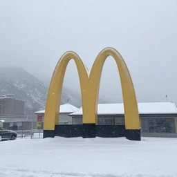 a photo of a mcdonalds located in the middle of a snowy mountain range, realistic, bad quality, snow storm,