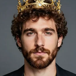 french handsome man with curly short brown hair and a huge nose and a brown goatee with a luxury crown