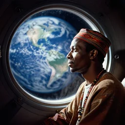 analogue portrait photo of an African tribal man in a spaceship looking at planet earth through its porthole window, planet earth in reflection, photo shot by martha cooper, 35mm,
