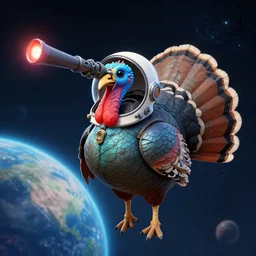 concept art of a blue alien space turkey in orbit around a planet by greg mullins, wearing a space helmet, with laser cannon on it's forehead, high quality, artstation