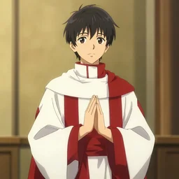 “ art by yoshida akihiko in his bravely default style, a young priest in white and red robes. concept art, detailed, warm, hopeful. ”