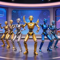 a queue of 7 golden and blue metal humanoid steampunk robots dancing inside a television studio from americas got talent, robots are wearing and gears and tubes, eyes are glowing red lightbulbs, shiny crisp finish, 3 d render, 8 k, insaneley detailed, fluorescent colors, nightlight