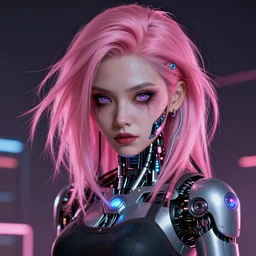 A scary cyberpunk portrait of a cute woman, wires, LEDs, robot, cyborg, android, detailed, textured, Artstation:6, Blade Runner, Ghost in the Shell, Alita Battle Angel, Cyberpunk 2077, Borg, Pinterest:4 hair, pink:-6