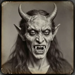 portrait of demon with fangs, old vintage photography, daguerreotype, damaged photo, film artifacts, scratches, tears, hyperrealistic, ultra detailed, 4 k