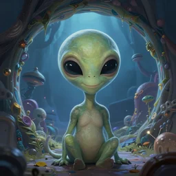 portrait of an friendly alien in a magical portal, highly detailed, digital painting, artstation, night scene, wlop concept art, smooth, sharp focus, illustration, art by dreadjim, craig mullins and greg rutkowski, 8 k