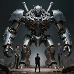 A small person standing before a giant michanical beast by Greg Rutkowski, beeple, Sung Choi, Mitchell Mohrhauser, Maciej Kuciara, Johnson Ting, Maxim Verehin, Peter Konig, final fantasy, macro lens, 35mm, 8k photorealistic, cinematic lighting, HD, high details, dramatic, dark atmosphere, trending on artstation