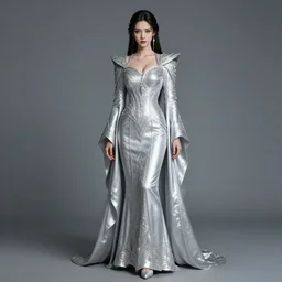 full length photograph of a real-life beautiful female rogue with intricate silver robes,  Extremely detailed. 8k