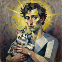 a painting of a man and a kitten, a cubist painting by elizabeth murray, behance, cubo - futurism, cubism, oil on canvas, airbrush art