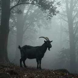 the dark silhouette of a black goat in very dense fog, at the edge of a forest, foggy day, moody, desaturated colors, mysterious, ominous, 8 k, high quality