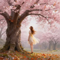 autumn fairy under a cherry blossom tree, digital painting, highly detailed, concept art, trending on artstation, epic composition, sharp focus, flawless render, masterpiece, volumetric lighting, realistic