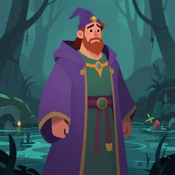closeup character illustration of a powerful wizard in colorful robes with a sad face standing in a dark swamp, trending on artstation, digital art ( by jesper ejsing ) ( by clint cearley ) ( by raluca marinescu )