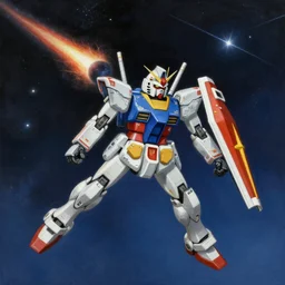 beautiful painting of a gundam flying through space, comet, shooting star, trending on artstation