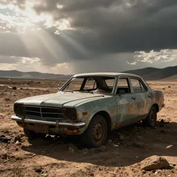 a post apocalyptical car abandoned in a wasteland, max max style