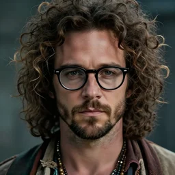 Live Action Still of Aaron Paul with thick rimmed black glasses and a brown curly afro in hippie clothing, real life, hyperrealistic, ultra realistic, realistic, highly detailed, detailed, very detailed, cool, ultra detailed, very realistic, trending on artstation, epic, HD quality, 8k resolution, body and headshot, film still, real, detailed face, very detailed face, real life, front face, front view, dramatic lighting, real