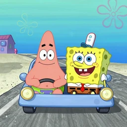 spongebob and patrick driving a car on a road