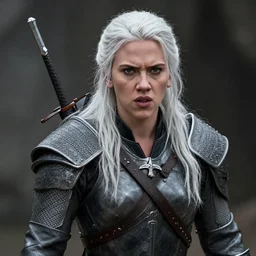 scarlett johansson cast as ciri in the witcher netflix series, battle scene, wearing armour, long white hair, glaring angrily, strong