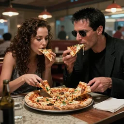 the terminator meeting Neo from the Matrix in a restaurant, they eat pizza, highly detailed, digital painting, sharp focus, fantasy art
