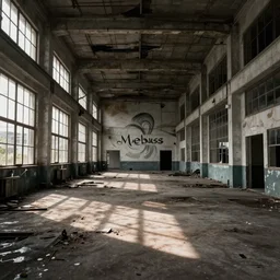 the interior of an abandoned and completely empty factory, grimy floor, large windows on the sides, art by moebius