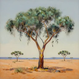 a painting of a eucalyptus tree in the desert, an airbrush painting by breyten breytenbach, cgsociety, neo - primitivism, dystopian art,! apocalypse landscape!!
