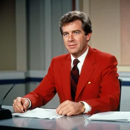 1985 Stewart Pankin as Bob Charles dressed in a red suit jacket and necktie sitting at a news desk, videotape still from 1985