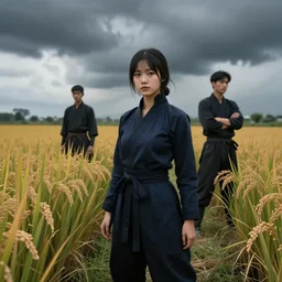 vietnamese girl ninja posing in rice paddy by walter keane and greg rutkowski and min guen, trending on artstation, ultrarealistic, photorealistic, 8 k render, octane render, unreal render, global illumination, stormy weather, cinematic lighting