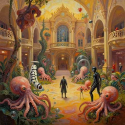the abyss lush garden fury road aquarium with cyborg cephalopods minimalist oil painting by donato giancola, chris foss, maschinen krieger fetuses organic laboratory, victorian shopping mall courtyard, beeple, the matrix, star wars, ilm, star citizen, mass effect, warm coloured, artstation, atmospheric perspective