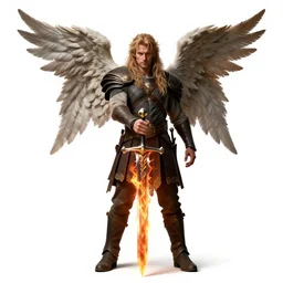 grizzled archangel with flaming sword, photorealistic portrait photography, full body, standing, isolated on a pure white background, centered, whole figure in frame, sharp focus, studio lighting