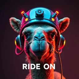 movie poster, title text space cadets, text ride on, photo of a cute camel head with a steampunk space helmet with multicolored glowing tubes and cables, crisp, trippy, fluorescent colors, insanely detailed, 3 d render, front shot, 3 5 mm