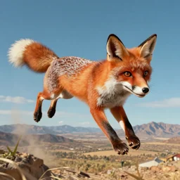 fox flying through landscape, concept art, cinematic lighting, vivid and vibrant colors, iconic movie poster character production art concept, artstyle isaiah saxon