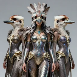 3 d goddess wide angle portrait with feathers, fur, and bones. beautiful intricately detailed kookaburra mask and retrowave sorceress outfit. lizard scales, reflective chitin, optical mineralogy, songlines, plasma, creature, artwork by tooth wu and android jones wlop and android jones and beeple and greg rutkowski