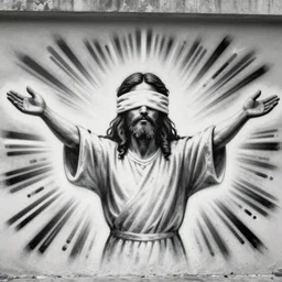 monochromatic black graffiti spray-paint mural of blindfolded Jesus wearing a white linen blindfold, arms outstretched, rays of light emanate from his fingers, painted on a concrete wall by Minerva Teichert in the style of Orthodox iconography, Portra 400