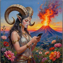 painting by senior concept artist josephine wall horned ram goddess checking her cell phone erupting volcano and sunset in distance in background flowers in foreground zodiac fantasy acrylic on canvas intricately detailed highly detailed high resolution hdr 8 k trending on artstation