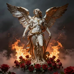 fully body image of baroque style ornate warrio angel standing in bed of roses surounded by fire and smoke, moody rim light, dynamic lighting, cinematic shot, ultra detail, renderman, physically based render