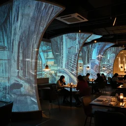 visor with curved translucent screens projecting detailed sci - fi art, pixel perfect photograph, high contrast, volumetric lighting, thin glowing lights, restaurant, chairs, users, pair of keys