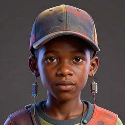 colourful caricature - 3 d vfx art - portrait of a nigerian boy wearing a baseball cap with wires and computer chips dangling from inside, art style by james jean, hsiao - ron cheng & frank frazetta, character concept art, unreal engine render, digital illustration, sharp, intricate detail, volumetric light, ray tracing, soft light, symmetric, pinterest, artstation, behance,