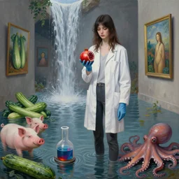 painting of a tall emo girl holding a pomegranate in a flooded art gallery, waterfall, paintings on the wall, courgettes, beaker of coloured liquid, pigs, bunsen burner, octopus, lab coat, latex gloves, zen, sensual, surrealist, by magritte and monet