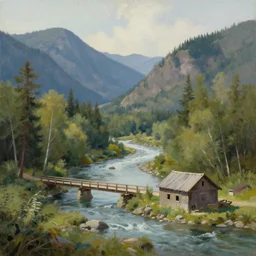 a shack in the woods near a river, there is a bridge on river, two mountains in background, rivers flows from between mountains, realistic, oil painting