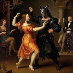 Sigmar and Khorne dancing in a night club in Da vinci style