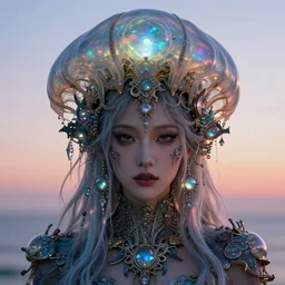 portrait of a stunningly beautiful oceanpunk, empress queen wearing extravagant, intricate precious opalescent sentient moon jellyfish crown, in soft dreamy light at sunset, by yoshitaka amano, edward robert hughes, annie leibovitz, yoji shinkawa, breathtaking, 8 k resolution, extremely detailed, deep aesthetics of weirdcore, hyperrealistic, beautiful face, octane render