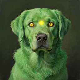 hyperrealist, studio ghibli dull colors painting of a green labrador retriever with shaggy green fur and green dye, three eyes, middle eye is glowing yellow, third eye