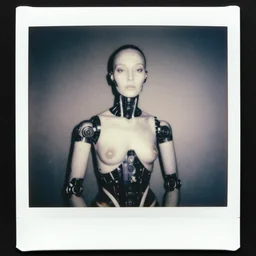 a black and white photograph of cybernetic cyborgian androgyny forever, in the style of egon schiele, by jenny saville, film photography, polaroid photo, surreal, soft lighting