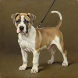 oil on canvas painting of a dogo argentino puppy at heel, by william sidney mount