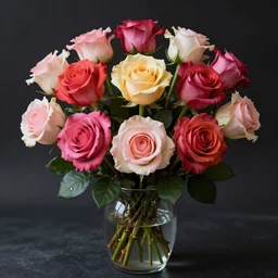 highly detailed realistic photo of different colored roses in glass vase, dark background, vibrant colors, award winning masterpiece photography, hyper realistic, concept art, 8 k detail post - processing