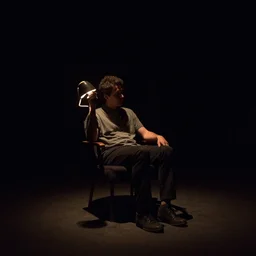 @ kaarssteun sitting in a chair that's in a dark void, single lamp lighting him up
