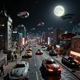 hundreds of plasma hovercraft vehicles on the street in a Russian cyberpunk slum city called Neo Norilsk on the Moon, at night, diverse, lively, black sky full of stars, blinding sun, sci-fi, lots of flying cars, levitation, cyberpunk outfits, photorealistic, grainy, 35mm, intricate, very very beautiful, elegant, smooth, cinematic, Unreal Engine 5, trending on Artstation HD