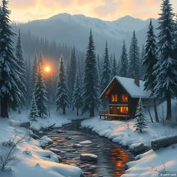 snowy cozy lodge by a small river in a forrest in canadian mountains in the evening sun, by philippe gare, artstation, greg rutkowski