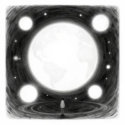 sketch of an omnipotent being inside a void creating new worlds in the shape of white glowing spheres