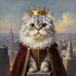 a fantasy portrait painting of an anthropomorphic! silver brindle persian! cat with very big! round! eyes! wide!, as a renaissance queen with crown! in head, standing on a skyscraper overlooking a vast city, centered, cinematic, beautiful lighting, dramatic