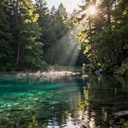 a lake with clear water in a beautiful forest at sunrise, backlighted, professional photo